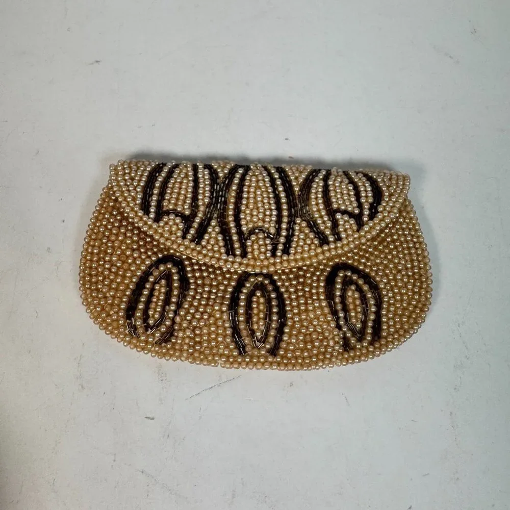 Vintage John Wind Beaded Evening Small Clutch Beige & Brown Pattern Faux Pearls‎